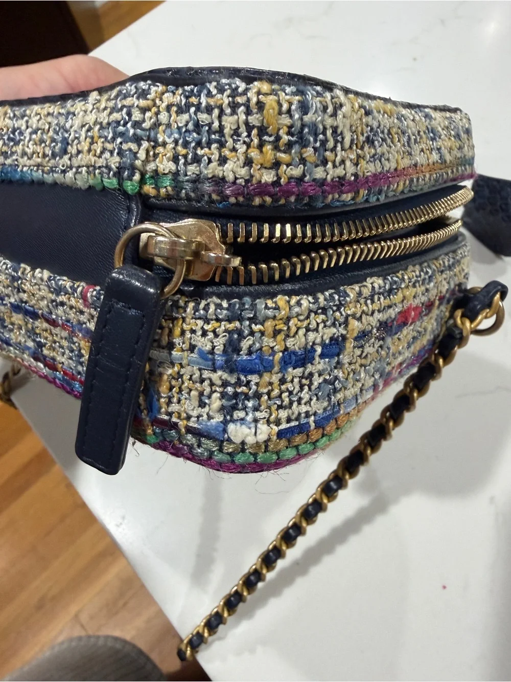 CHANEL Multicolor Tweed Vanity Crossbody with Navy Leather Trim